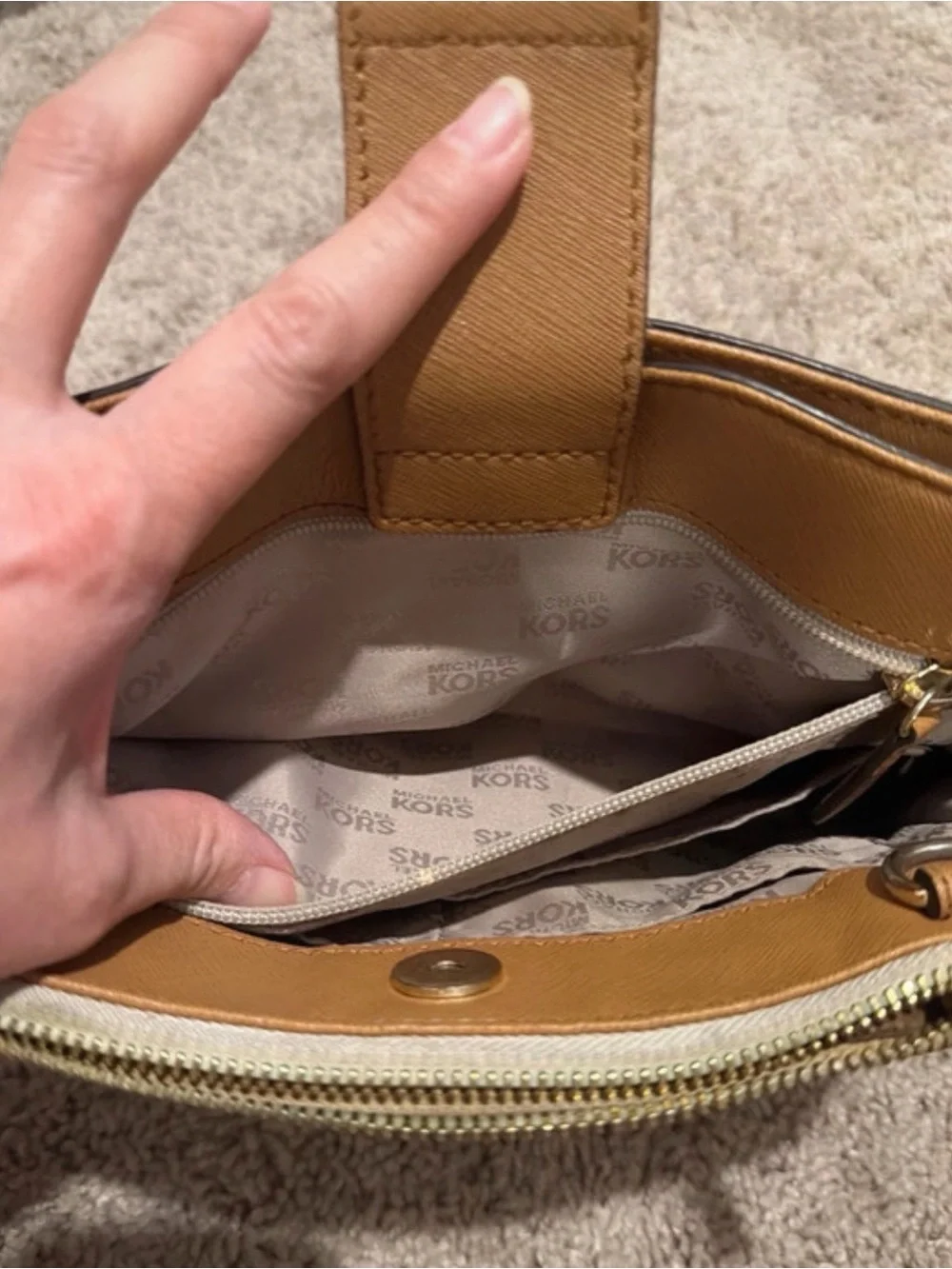 Michael Kors Cream Logo Canvas Satchel with Brown Trim